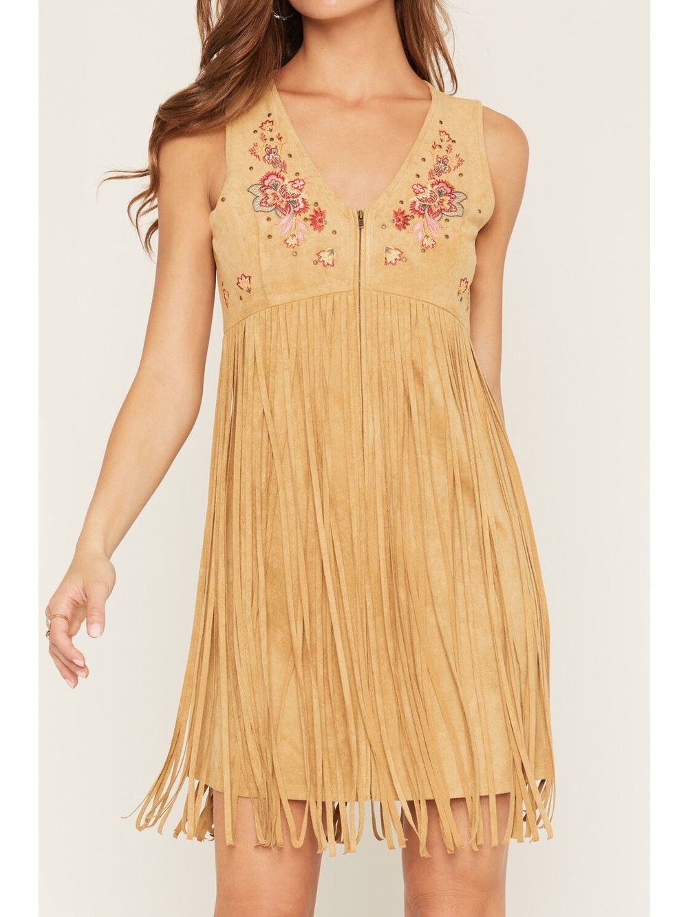Shyanne Tan Faux Suede Embroidered Fringe Tank Dress M Nwt